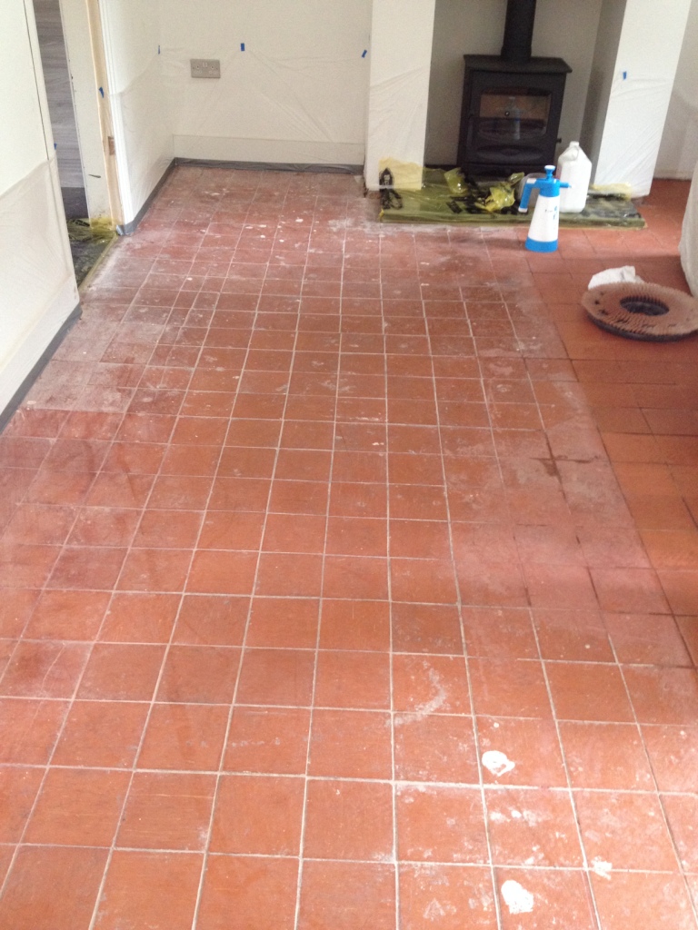 Modern quarry tiled floor in Nesscliffe before cleaning