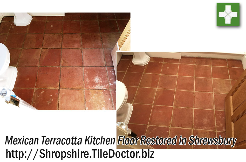 Mexican Terracotta Tiled Kitchen Before and After Cleaning Shrewsbury