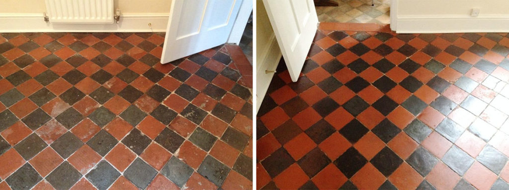 Black and Red Quarry Tiled Dining Room Before and After Sealing in Shrewsbury